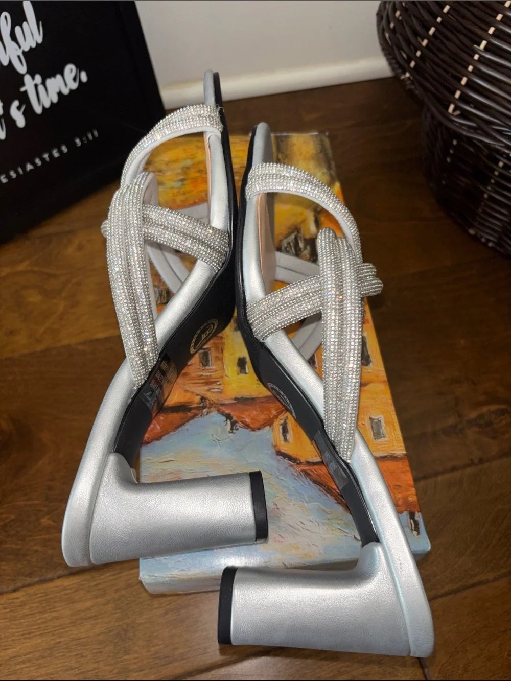 Bella Vita Silver Rhinestone Knotted Slide Heels micro suede in stones 9.5 NIB